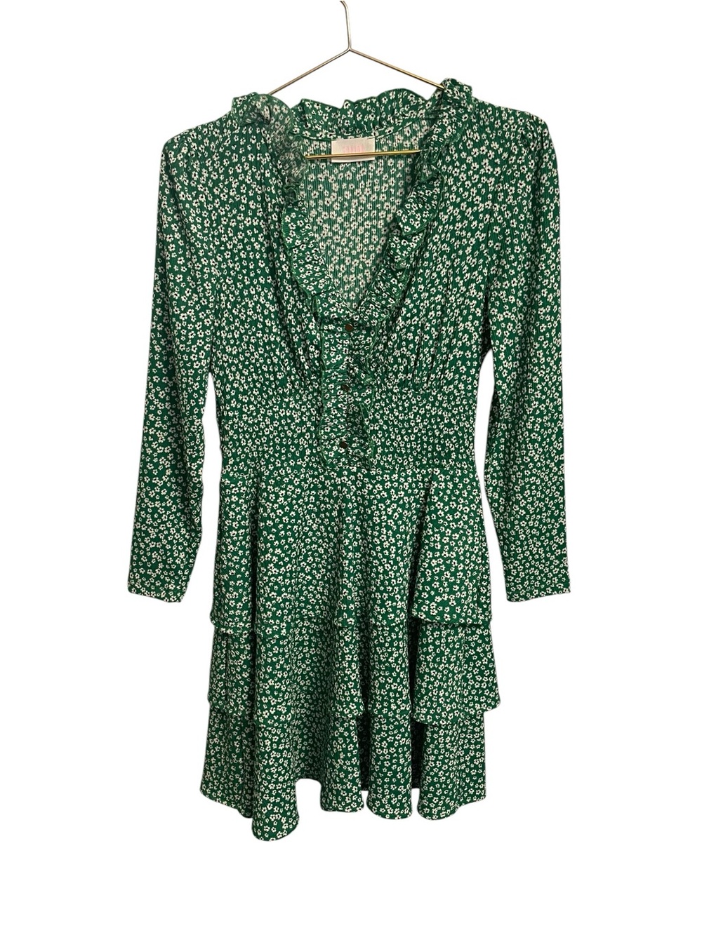 Savida Green Floral Ruffle Tiered Mini Dress Long Sleeve Smocked Waist Small
